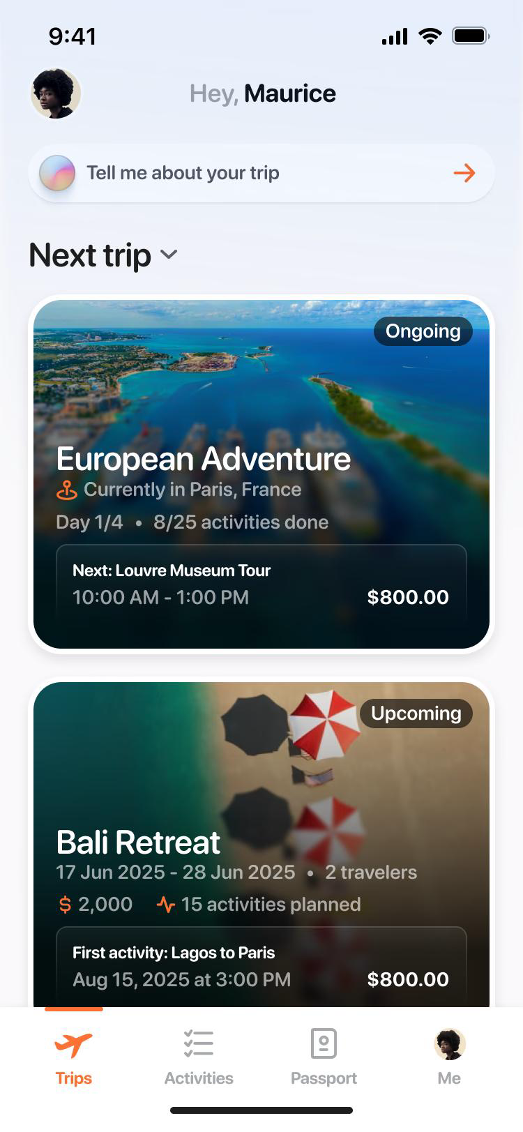 A day planned in the Outbound app, shown on iPhone